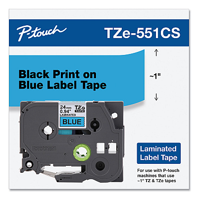 Brother TZe Laminated Removable Label Tapes, 0.94" x 26.2 ft, Black on Blue (TZE551CS)