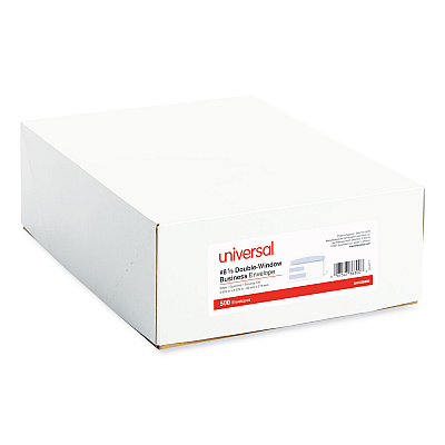 Universal Double Window Business Envelope, #8 5/8, Commercial Flap, Gummed Closure, 3.63 x 8.63, White, 500/Box (UNV36300)