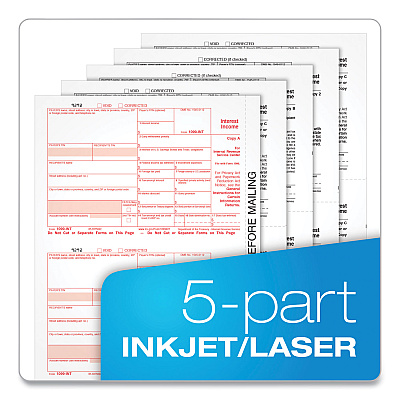 TOPS Five-Part 1099-INT Tax Forms for Inkjet/Laser Printers, Five-Part Carbonless, 8 x 5.5, 2 Forms/Sheet, 24 Forms Total (TOP22983)