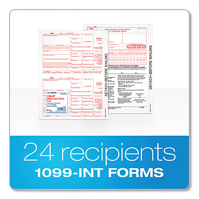 TOPS Five-Part 1099-INT Tax Forms for Inkjet/Laser Printers, Five-Part Carbonless, 8 x 5.5, 2 Forms/Sheet, 24 Forms Total (TOP22983)