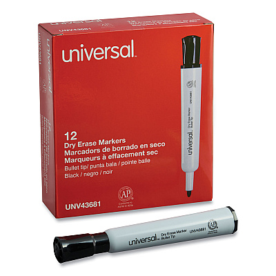 Universal Dry Erase Marker, Medium Bullet Tip, Black, Dozen (UNV43681)