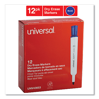 Universal Dry Erase Marker, Broad Chisel Tip, Blue, Dozen (UNV43653)