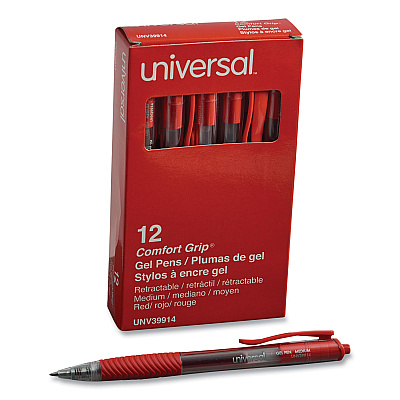 Universal Comfort Grip Gel Pen, Retractable, Medium 0.7 mm, Red Ink, Clear/Red Barrel, Dozen (UNV39914)