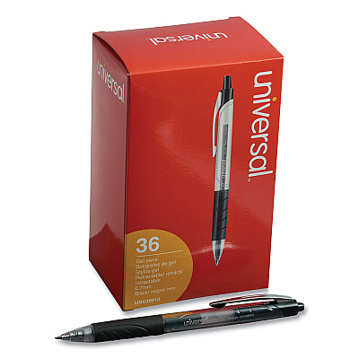 Universal Comfort Grip Gel Pen, Retractable, Medium 0.7 mm, Black Ink, Clear/Black Barrel, 36/Pack (UNV39910)