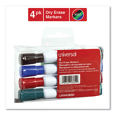 Universal Dry Erase Marker, Broad Chisel Tip, Assorted Colors, 4/Set (UNV43650)