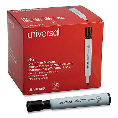 Universal Dry Erase Marker Value Pack, Broad Chisel Tip, Black, 36/Pack (UNV43655)