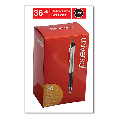 Universal Comfort Grip Gel Pen, Retractable, Medium 0.7 mm, Black Ink, Clear/Black Barrel, 36/Pack (UNV39910)