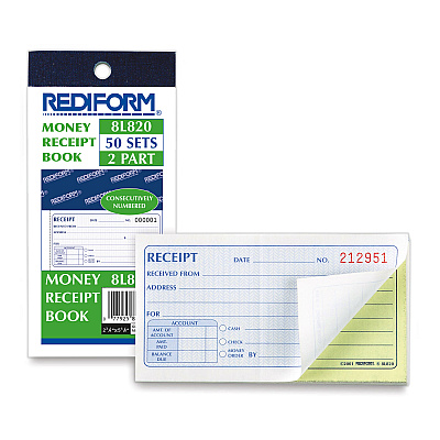 Rediform Small Money Receipt Book, Two-Part Carbonless, 2.75 x 5, 50 Forms Total (RED8L820)
