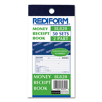 Rediform Small Money Receipt Book, Two-Part Carbonless, 2.75 x 5, 50 Forms Total (RED8L820)