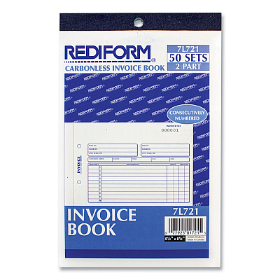 Rediform Invoice Book, Two-Part Carbonless, 5.5 x 7.88, 50 Forms Total (RED7L721)