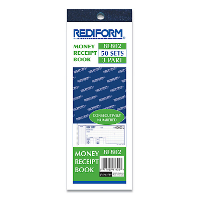 Rediform Receipt Book, Three-Part Carbonless, 7 x 2.75, 4 Forms/Sheet, 50 Forms Total (RED8L802)