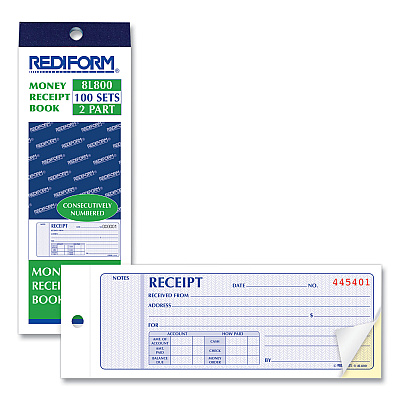 Rediform Receipt Book, Two-Part Carbonless, 7 x 2.75, 4 Forms/Sheet, 100 Forms Total (RED8L800)