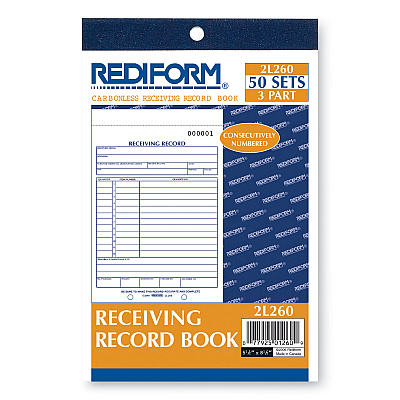 Rediform Receiving Record Book, Three-Part Carbonless, 5.56 x 7.94, 50 Forms Total (RED2L260)