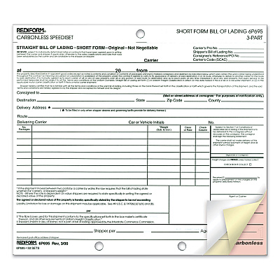 Rediform Speediset Bill of Lading, Short Form, Three-Part Carbonless, 7 x 8.5, 50 Forms Total (RED6P695)