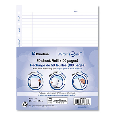 Blueline MiracleBind Ruled Paper Refill Sheets for all MiracleBind Notebooks and Planners, 9.25 x 7.25, White/Blue Sheets, Undated (REDAFR9050R)