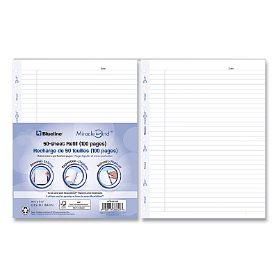 Blueline MiracleBind Ruled Paper Refill Sheets for all MiracleBind Notebooks and Planners, 9.25 x 7.25, White/Blue Sheets, Undated (REDAFR9050R)