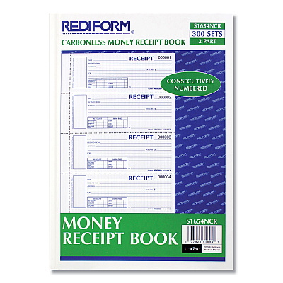Rediform Durable Hardcover Numbered Money Receipt Book, Two-Part Carbonless, 6.88 x 2.75, 4 Forms/Sheet, 300 Forms Total (REDS1654NCR)