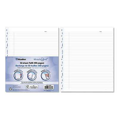 Blueline MiracleBind Ruled Paper Refill Sheets for all MiracleBind Notebooks and Planners, 11 x 9.06, White/Blue Sheets, Undated (REDAFR11050R)