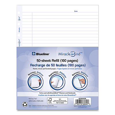 Blueline MiracleBind Ruled Paper Refill Sheets for all MiracleBind Notebooks and Planners, 9.25 x 7.25, White/Blue Sheets, Undated (REDAFR9050R)