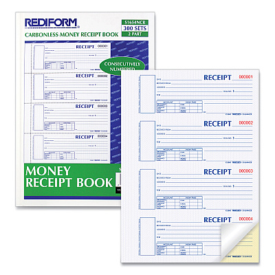 Rediform Durable Hardcover Numbered Money Receipt Book, Two-Part Carbonless, 6.88 x 2.75, 4 Forms/Sheet, 300 Forms Total (REDS1654NCR)