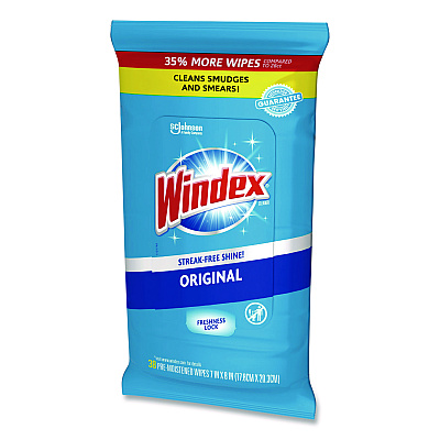 Windex Glass and Surface Wet Wipe, Cloth, 7 x 8, Unscented, White, 38/Pack (SJN319251EA)
