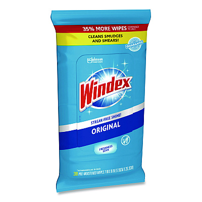Windex Glass and Surface Wet Wipe, Cloth, 7 x 8, Unscented, White, 38/Pack (SJN319251EA)