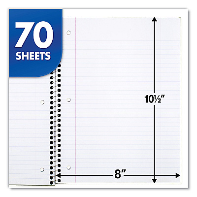 Mead Spiral Notebook, 1-Subject, Medium/College Rule, Assorted Cover Colors, (70) 10.5 x 8 Sheets, 6/Pack (MEA73065)