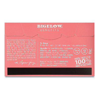 Bigelow Benefits Rose & Mint Herbal Tea Bags, 0.6 oz Tea Bag, 18/Box (BTC1027)
