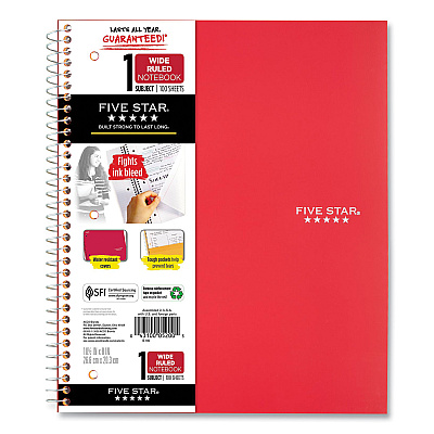 Five Star Wirebound Notebook with Two Pockets, 1-Subject, Wide/Legal Rule, Randomly Assorted Cover Color, (100) 10.5 x 8 Sheets (MEA523807635)