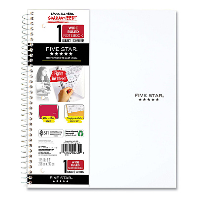 Five Star Wirebound Notebook with Two Pockets, 1-Subject, Wide/Legal Rule, Randomly Assorted Cover Color, (100) 10.5 x 8 Sheets (MEA523807635)