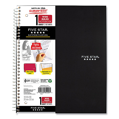 Five Star Wirebound Notebook with Two Pockets, 1-Subject, Wide/Legal Rule, Randomly Assorted Cover Color, (100) 10.5 x 8 Sheets (MEA523807635)