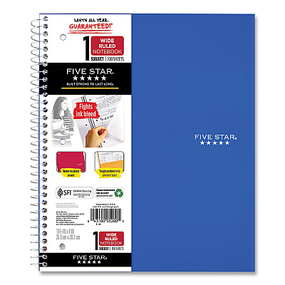 Five Star Wirebound Notebook with Two Pockets, 1-Subject, Wide/Legal Rule, Randomly Assorted Cover Color, (100) 10.5 x 8 Sheets (MEA523807635)
