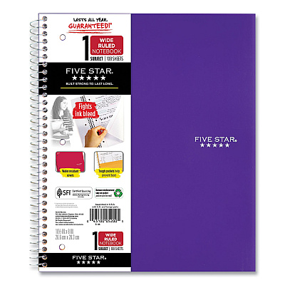 Five Star Wirebound Notebook with Two Pockets, 1-Subject, Wide/Legal Rule, Randomly Assorted Cover Color, (100) 10.5 x 8 Sheets (MEA523807635)