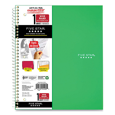 Five Star Wirebound Notebook with Two Pockets, 1-Subject, Wide/Legal Rule, Randomly Assorted Cover Color, (100) 10.5 x 8 Sheets (MEA523807635)