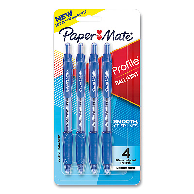 Paper Mate Profile Ballpoint Pen, Retractable, Medium 1 mm, Blue Ink, Translucent Blue Barrel, 4/Pack (PAP2113555)