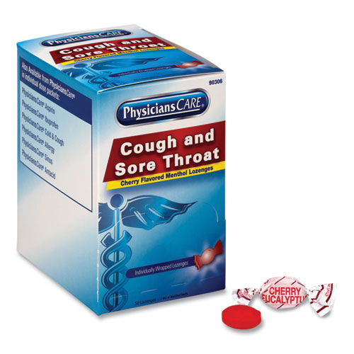 PhysiciansCare Cough and Sore Throat, Cherry Menthol Lozenges, Individually Wrapped, 50/Box (90306)