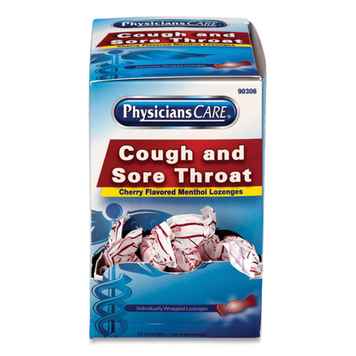 PhysiciansCare Cough and Sore Throat, Cherry Menthol Lozenges, Individually Wrapped, 50/Box (90306)
