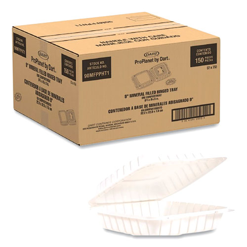 Dart ProPlanet Hinged Lid Containers, Single Compartment, 9 x 8.8 x 3, White, Plastic, 150/Carton (90MFPPHT1R)