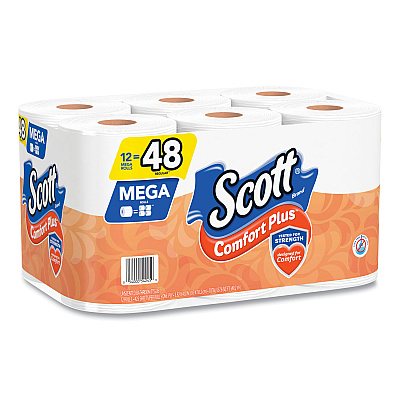 Scott ComfortPlus Toilet Paper, Mega Roll, Septic Safe, 1-Ply, White, 425 Sheets/Roll, 12 Rolls/Pack (KCC54245)
