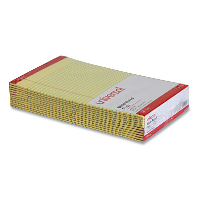 Universal Perforated Ruled Writing Pads, Wide/Legal Rule, Red Headband, 50 Canary-Yellow 8.5 x 14 Sheets, Dozen (UNV40000)