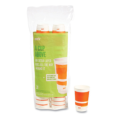 Perk Insulated Paper Hot Cups, 16 oz, White/Orange, 30/Pack (PRK59484)