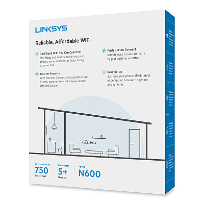 Linksys N600 Wireless Router, 5 Ports, Dual-Band 2.4 GHz/5 GHz (E25004B)