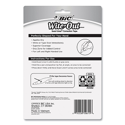 BIC Wite-Out Brand Exact Liner Correction Tape, Non-Refillable, 0.2" x 236", 4/Pack (BICWOELP418)