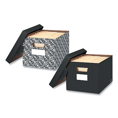 Bankers Box STOR/FILE Decorative Medium-Duty Storage Box, Letter/Legal Files, 12.5" x 16.25" x 10.25", Black/Gray Pinstripe Design, 4/CT (FEL0029803)