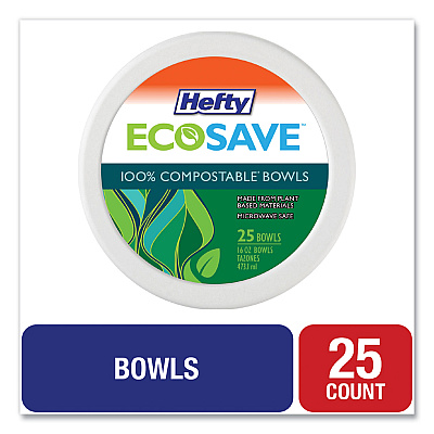 Hefty ECOSAVE Tableware, Bowl, Bagasse, 16 oz, White, 25/Pack, 12 Packs/Carton (RFPD71625)