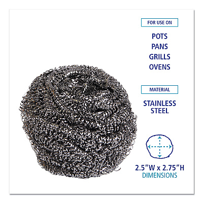 Boardwalk Stainless Steel Scrubber, Large Size, 2.5 x 2.75, Steel Gray, 12/Carton (BWK50)