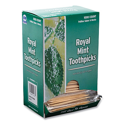 AmerCareRoyal Mint Cello-Wrapped Wood Toothpicks, 2.5", Natural, 1,000/Box, 15 Boxes/Carton (RPPRM115)
