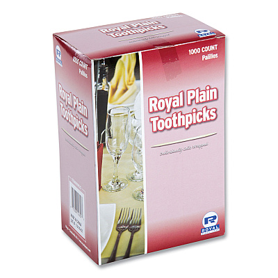 AmerCareRoyal Cello-Wrapped Round Wood Toothpicks, 2.5", Natural, 1,000/Box, 15 Boxes/Carton (RPPRIW15)