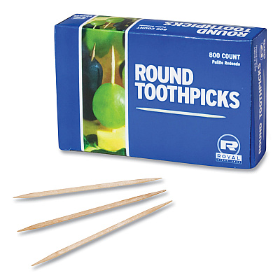 AmerCareRoyal Round Wood Toothpicks, 2.5", Natural, 800/Box, 24 Boxes/Case, 5 Cases/Carton, 96,000 Toothpicks/Carton (RPPR820)
