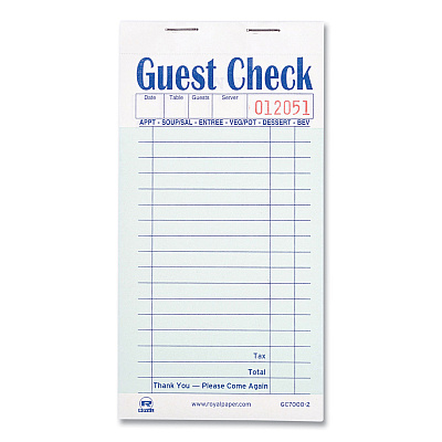 AmerCareRoyal Guest Check Pad, 17 Lines, Two-Part Carbonless, 3.6 x 6.7, 50 Forms/Pad, 50 Pads/Carton (RPPGC70002)